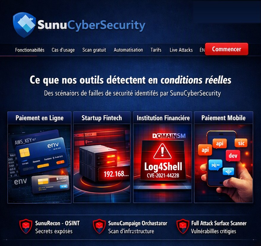 Exemples de failles détectées par SunuCyberSecurity : secrets exposés, infrastructure sans protection, vulnérabilité Log4Shell, endpoints API exposés